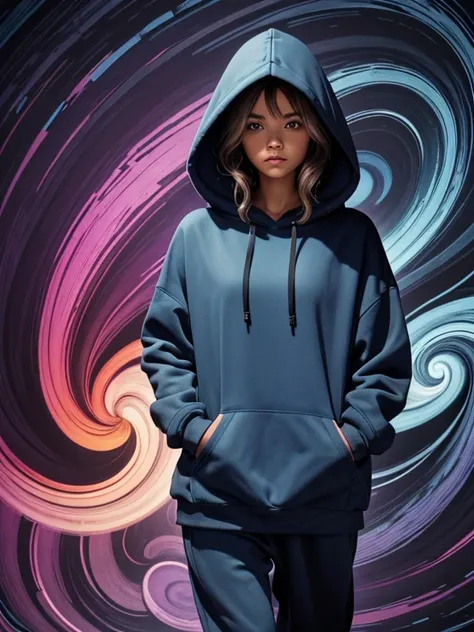 Woman facing forwards, looking down, walking towards me. Wearing oversized hoodie, hands in hoodie pocket, Hood up.  blue hoodie. Wearing baggy grey sweatpants. Surrounded by colorful swirls. 