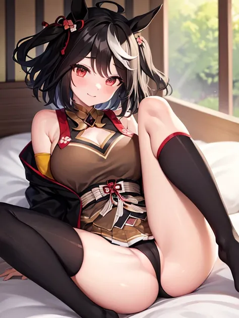 {kitasan black,umamusume,Red eyes, horse ears, horse girl, horse tail, black hair, short hair, messy hair, wavy hair, smile}, full body, {legs}, {spread legs}, neat figure, 10 years old, extremely beautiful detailed anime face and eyes, {light blush}, {lar...