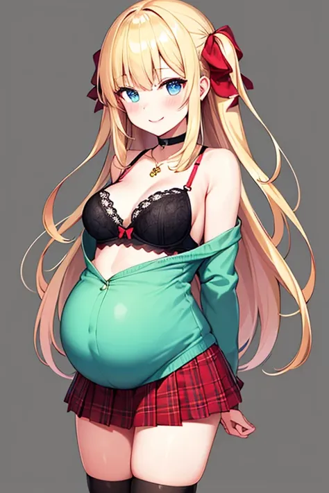 1girll, bangs, black_choker necklace, legwarmers, black_tiese, Red_ribbon, Blonde_Hair, Blue_Eyes, Blush, Bra, Breasts, choker necklace, clavicle, collared_shirt, full_Body, Grey_Background, Hair_ribbon, Long_Hair, Looking_at_peeping at the viewer, Red bow...