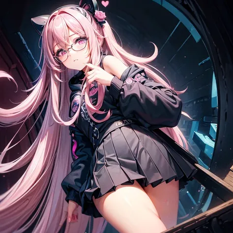 ((best quality)), ((masterpiece)), (detailed), perfect face, black_Glasses, woman, psycho, pink_eyes, pink_longhair, black/pink_jacket, white_sleeveless, blue_skirt