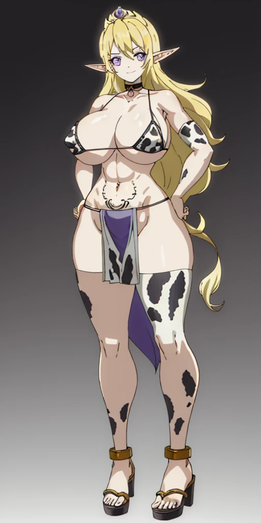 ((plain background:1.2)) ((1girl)) full body, standing, elf, mature, detailed happy face, purple eyes, blonde hair, black bikini, abs, big knockers, golden chain collar, stomach tattoo (red tattoo under belly button) (navel), whole body, 1solo (girl), slav...