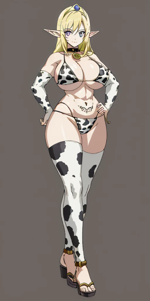 ((plain background:1.2)) ((1girl)) full body, standing, elf, mature, detailed happy face, purple eyes, blonde hair, black and white bikini (cow print bikini) abs, big knockers, golden chain collar, stomach tattoo (red tattoo under belly button) (navel) who...