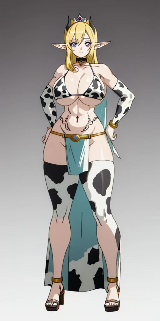 ((plain background:1.2)) ((1girl)) full body, standing, elf, mature, detailed happy face, purple eyes, blonde hair, black and white bikini (cow print bikini) abs, big knockers, golden chain collar, stomach tattoo (red tattoo under belly button) (navel) who...