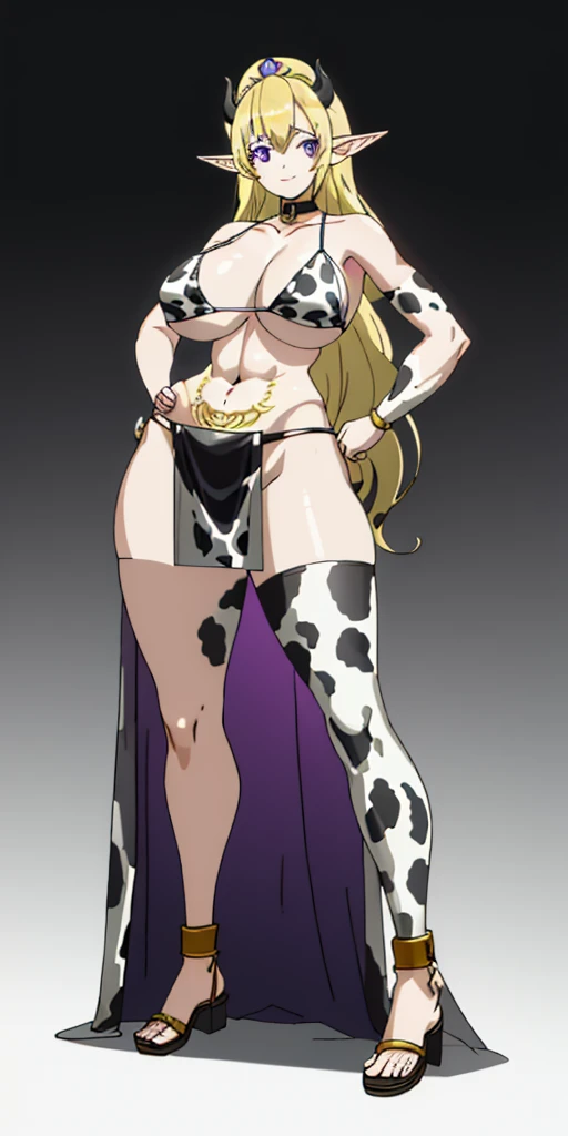 ((plain background:1.2)) ((1girl)) full body, standing, elf, mature, detailed happy face, purple eyes, blonde hair, black and white bikini (cow print bikini) abs, big knockers, golden chain collar, stomach tattoo (red tattoo under belly button) (navel) who...