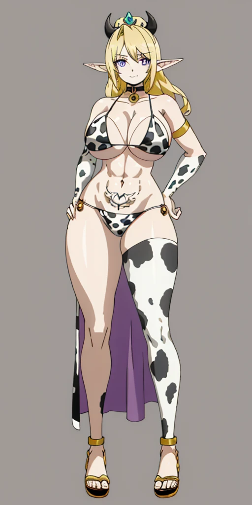 ((plain background:1.2)) ((1girl)) full body, standing, elf, mature, detailed happy face, purple eyes, blonde hair, black and white bikini (cow print bikini) abs, big knockers, golden chain collar, stomach tattoo (red tattoo under belly button) (navel) who...