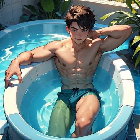 Un hombre, fornido, adolescente, en un jacuzzi, mirada penetrante, sentado, posing with arms outstretched and back, sonriendo