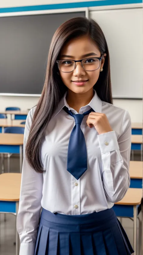 Gorgeous, cute face, happy face, indonesian 25 Yo top model woman in white blouse paired with blue pleated skirt & blue tie layered dark hair & eye-glasses, school uniform style, standing at class-room. 