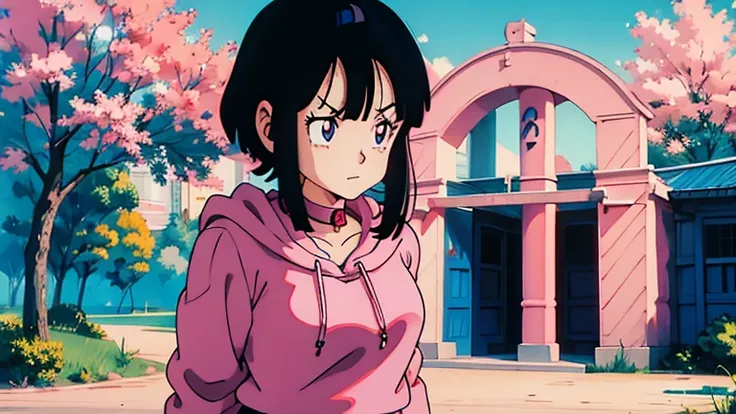 anime girl outdoors、bob、black hair、pink hoodie、choker、blue eyes、blue skirt、white shoes、white legwear、whole body、walking sadly si...