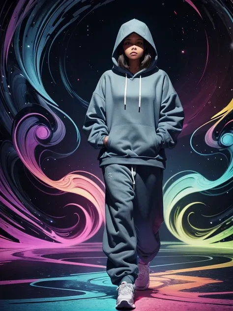 Woman facing forwards, looking down, walking towards me. Wearing oversized hoodie, hands in hoodie pocket, Hood up.  blue hoodie. Wearing baggy grey sweatpants. Surrounded by colorful swirls. Woman is far away 