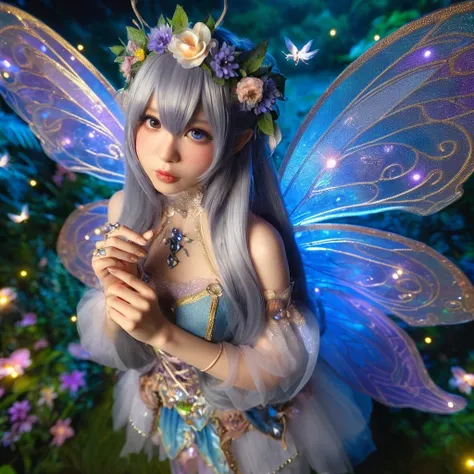 photography full body. featuring a beautiful japan woman cosplay fairy, taken from the top angle, with long hair, with transparan wings, standing in a mystical forest background. The character holds a small flower and is surrounded by vibrant flora, firefl...