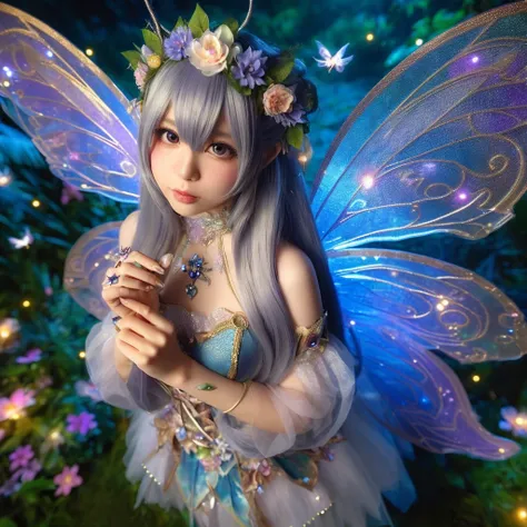 photography full body. featuring a beautiful japan woman cosplay fairy, taken from the top angle, with long hair, with transparan wings, standing in a mystical forest background. The character holds a small flower and is surrounded by vibrant flora, firefl...