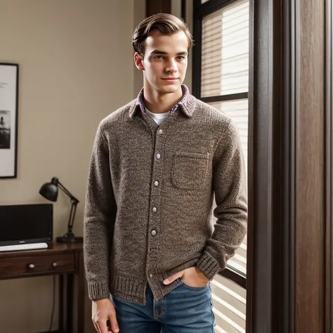 young man, twenty years old, very short dark brown hair, slightly receding hairline, 90s preppy clothing, photorealistic, realistic, photorealism, indoor, photo studio, natural light, smartalecky, 
