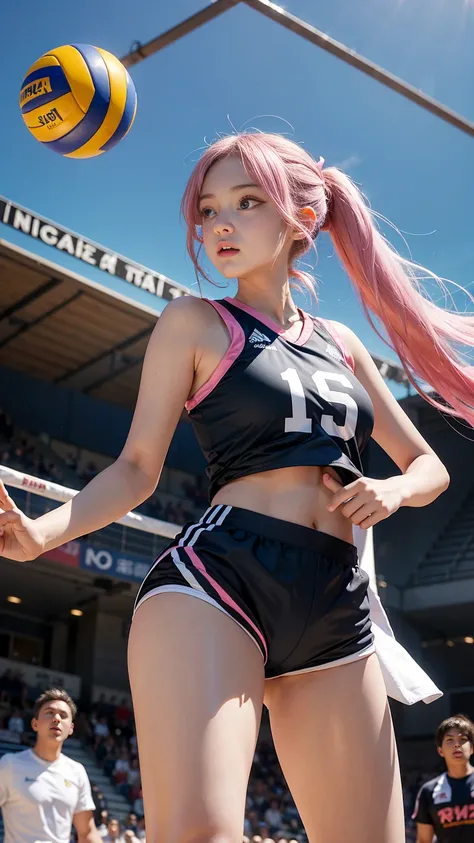 1girll,Twin-tailed,Colorful hair,The long-haired、Flying,pink bows,16-year-old female model,Side,ni、Volleyball wear、Buruma、Dark blue bloomers 、matte fabric bloomers、No gloss、Colossal 、kawaii、realisitic、pantiy、Idol、Volleyball game、Attack、action of hitting th...