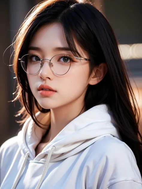 8k, realistic photo, realistic facial skin, girl, long black hair, glasses, white hoodie, solo,curly hair, 1ginl, (masterpiece, best quality, ultra-detailed), photoralistic, asian