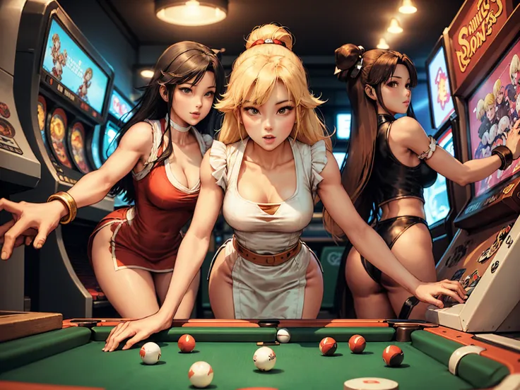 Capcom SNK Style, view of 3game characters playing cards at table with tokens. there is 1girl princess peach; 1boy Sonic; 1girl Mai Shiranui. (characters wearing their respectiv outfits, characters in their respectiv shapes), backround, 1pinball; 1arcade g...