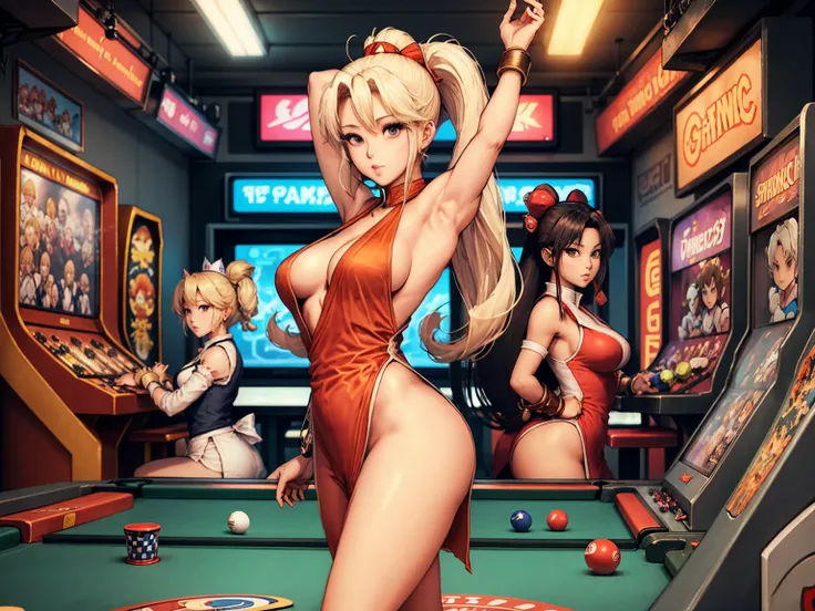 Capcom SNK Style, view of 3game characters playing cards at table with tokens. there is 1girl princess peach; 1boy Sonic; 1girl Mai Shiranui. (characters wearing their respectiv outfits, characters in their respectiv shapes), backround, 1pinball; 1arcade g...