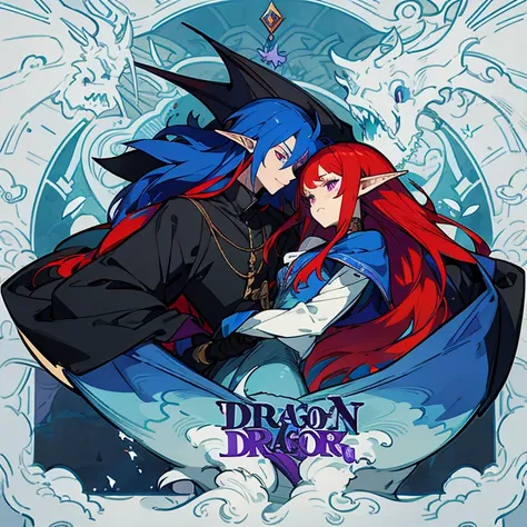 2 men who are in love, a dragon with a humanoid shape with black and blue, and an elf with long red hair and purple eyes.