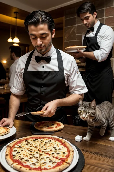 Cats at restaurant. Car waiter serves a pizza to a cat which is going to share pizza with kittens.