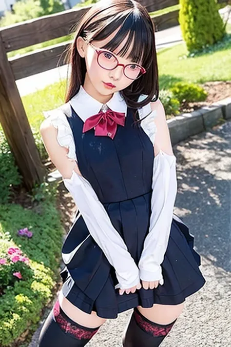 high quality、masterpiece、gothic lolita fashion、japanese women、19 years old、over the knee socks、garter belt、low angle、the wind bl...