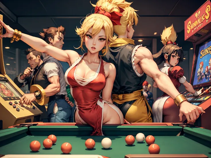 Capcom SNK Style, view of 3game characters playing arcade games with coins. there is 1girl princess peach; 1boy Sonic; 1girl Mai Shiranui. (characters wearing their respectiv outfits, characters in their respectiv shapes), backround, 2pinball; 4arcade game...