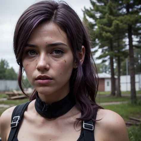 Girl wears open combenison, Chernobyl exclusion zone, S.T.A.L.K.E.R, purple hair, green eyes, scar above her left eyebrow, unarmed, scared.
