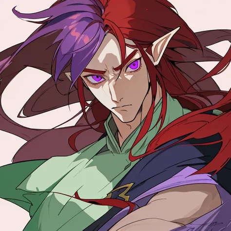 half elf man with purple eyes and long red hair,a man with pretty face but still had a masculine side