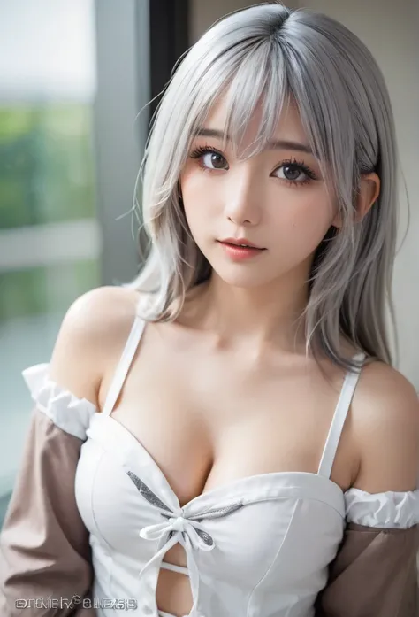 (best quality,ultra-detailed),cosplay costume, anime, girl, adorable, Silver Hair、Long Hair, detailed eyes and face, cute pose, dynamic, whole body、Tube top、belly button、slouch、From above