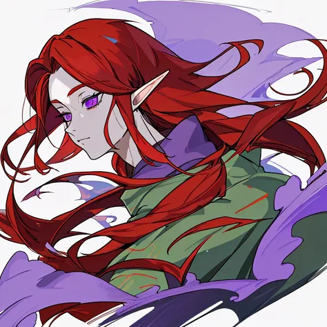 Half elf, a man. With long red hair,purple eyes and pretty face