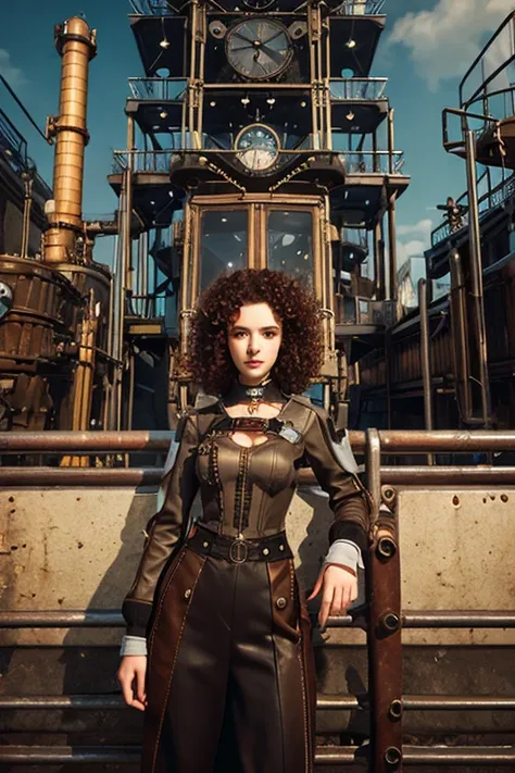 3D illustration of a Russian girl in her early 20s with curly ash-gray hair wearing steampunk gear, set in a futuristic industrial area