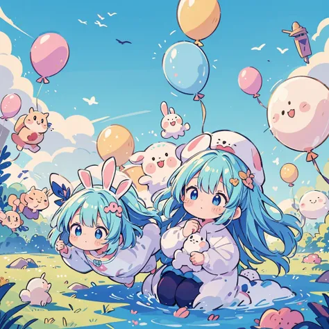 highest quality、Masterpiece、Official Art、16K、Super detailed、super beautiful、Ultra-fine、Little、cute、Flying in the blue sky with lots of balloons、Rabbit Kigurumi、A soft and gentle world in pastel colors、Anime