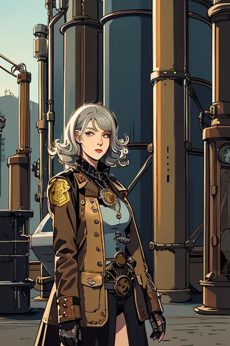 2D illustration of a Russian girl in her early 20s with curly ash-gray hair wearing steampunk gear, set in a futuristic industrial area