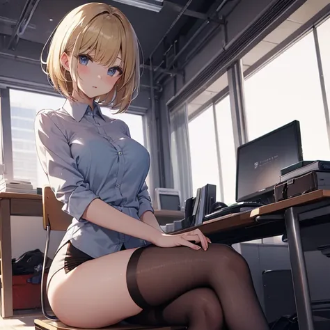 Short haircut、Blonde、tits、office lady、stockings、Open your legs while crouching、Perfect body