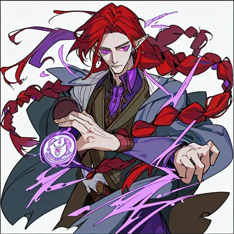 Half elf, a man. With long red hair,purple eyes and pretty face yet handsome. A magician. He was lonely. More detailed,he braided his hair and had an earings at one of his ear.