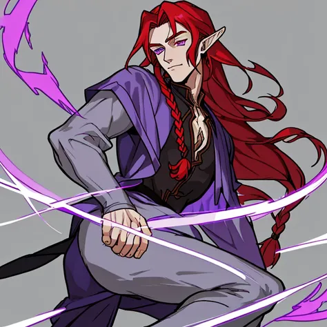 Half elf, a man. With long red hair,purple eyes and pretty face yet handsome. A magician. He was lonely. More detailed,he braided his hair and had an earings at one of his ear. He was a bottom. So he is a beautiful man. 