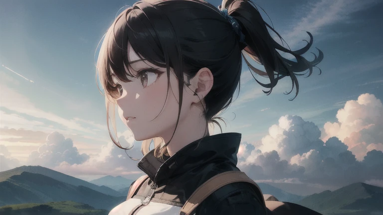 Absurd, High resolution, (Official Art, beautifully、aesthetic:1.2), Close-up,
Bright Sky, A vast world, girl, stare, Awe-inspiring expressions, Distant Horizon, cloud, High Hill, Natural Beauty, Inspiration, Light effects,