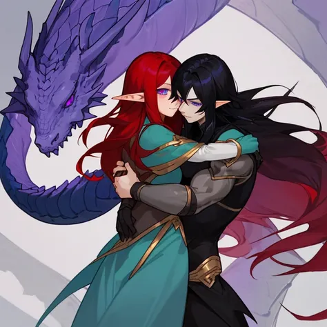 Draw me a couple,one was a male  dragon with black hair and blue eyes. And the other was half elf man with long red hair and purple eyes,who was really beautifull. Make them hug each other