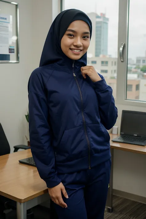 20 year old teenage malay woman with hijab,wearing shirt,wearing tracksuit,hands on pocket,office background,smiling