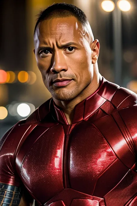 Foto de retrato de un Dwayne Johnson  musculoso con un traje de metal rojo desgastado, ((bokeh cro)), intrincado, (metal de acero [oxide]), elegant, Sharp focus, foto de greg rutkowski, Soft lighting, Colores vibrantes, (Obra maestra), ((calles)), (cara de...