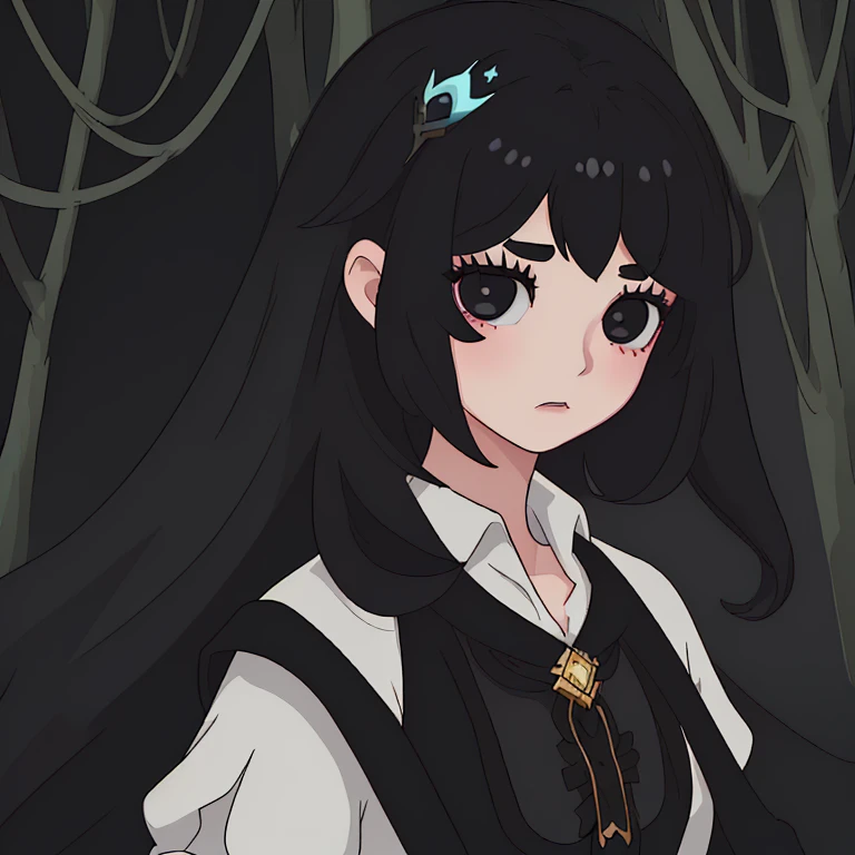 1 girl, solo, black hair, shining eyes, fantasy, in magical forest, glowing, upper body layered hair, black eyes, black eyebrows, neutral color wearing black cute shirt like a princess