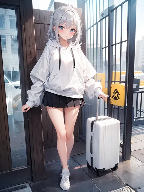 masterpiece:1.3、ultra high resolution:1.3、girl、alone、walking、G cup、two tone hair、beautiful silver hair、white skirt、black and white hooded cropped hoodie、sexual excitement、erotic、blush、real moist skin、Stuffy、wet、cute、fashion、outdoor、hand、feet、sneaker