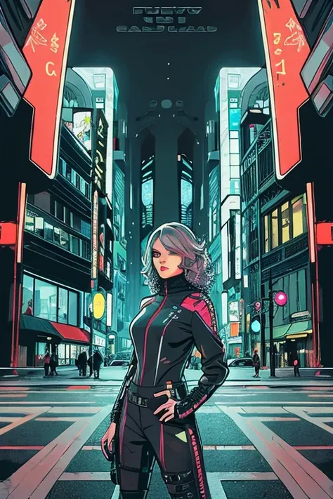 2D illustration of a Russian girl in her early 20s with curly ash-gray hair, wearing cyberpunk gear from head to toe. The background is a corner of a futuristic city.