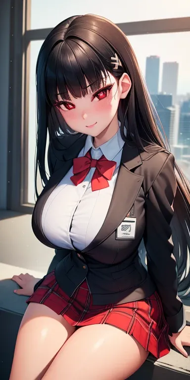 ((masterpiece, best quality, highres, UHD, perfect pixel, depth of field)), (smooth CG, photorealistic:1.1, realistic texture, detailed face), Rio, 1girl, large breasts, seductive, busty, smile, black hair, long hair, blunt bangs, (red eyes, beautiful pupi...