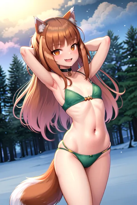 canine girl, (holo:1.5), 1girl, looking at viewer, standing, whole body, leaning forward, outdoors, forest, snow, (( flat cheste...