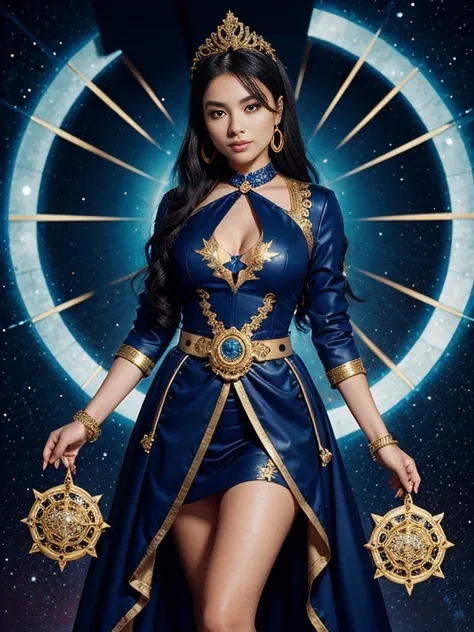 Mona from Genshin Impact wears a striking outfit that reflects her astrological theme. She dons a deep blue, high-collared jacket with gold accents and intricate patterns resembling constellations. Her skirt is layered and flows gracefully, with similar ce...