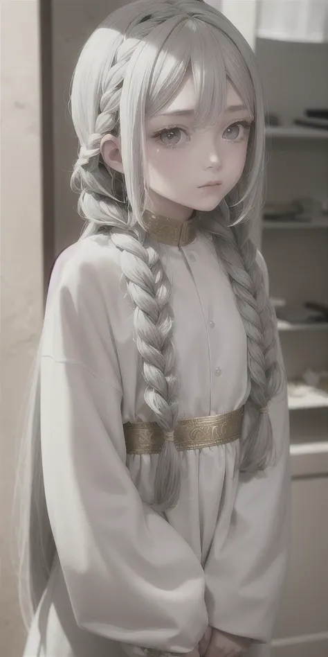 best quality, masterpiece,gray hair, golden eyes,white clothes, look up,hair,fair skin,side braids