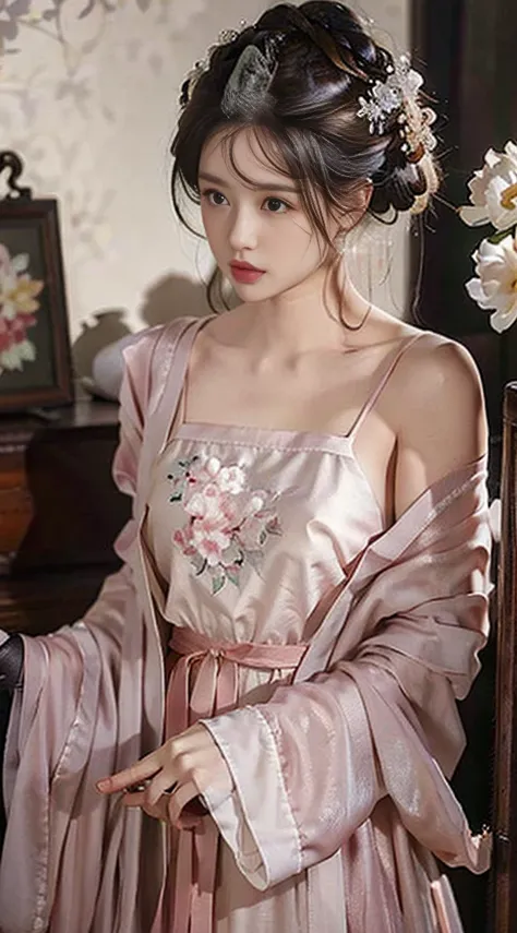 1 girl，Beautiful， Floral Pattern， glowing skin， Seductive gaze， Decorative clothing， natural lighting， Shallow to see deep， Romantic environment， Dreamy pastel palette， Peculiar details， Capture on film，(8k, original photo:1.2), best quality, Ultra-high re...