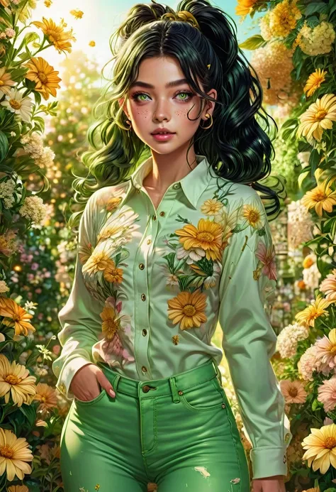 ((masterpiece, best quality, high resolution, very detailed),(Beautiful and aesthetically pleasing.:1.2), 1 woman, adult, perfect body, wavy black hair, green eyes, high and short ponytail, beautiful, Detailed eyes and face, long oversized shirt, skinny je...