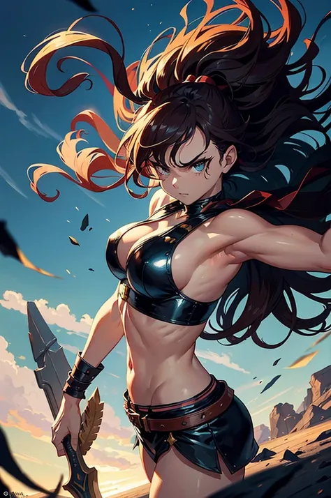 In the photo, a scantily clad female warrior, standing in a battle stance, is fighting Conan. Her wild hair cascades over her shoulders, and her torn garments reveal muscular arms, ready for action. Conan, dressed in his characteristic leather armor, stand...