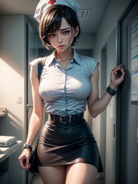 1 girl, alone,Black Short Hair, Nurse uniform,belt,watch, White sleeveless collared shirt,Blue super mini skirt, Nurse cap, The nurse is crying, Perfect light, 8k, masterpiece:1.2, Very detailed, Realistic:1.37, Full HD, Hospital Background