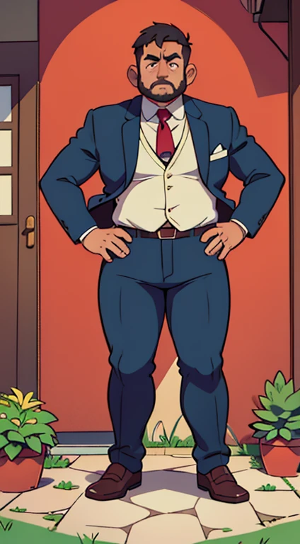 Velhote safado, Just plump, chubby, extremely thick thighs, large belly, Ele abre o casaco e mostra seu corpo usando apenas cueca box vermelho ao expectador, sharp man in jacket and long tie,standing on the sidewalk, casaco longo preto, casaco aberto, cami...